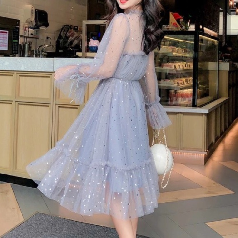 Dress fairy mesh Ruffle pastel peacock blue sequin stars moon - Picture 4 of 8